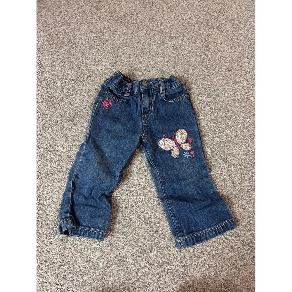 OshKosh Bgosh Toddler Girls Butterfly Floral Applique Denim Jeans 18 Months Blue